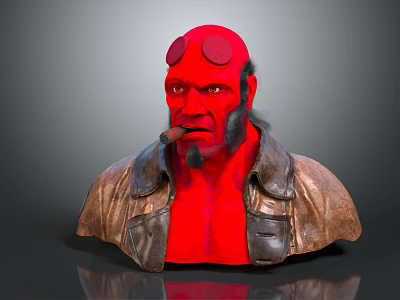 Red Skinned Demon Character Bust With Round Horns Beard Cigar And Leather Jacket 3d model
