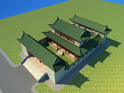 Ancient Chinese Traditional Architecture Featuring Green Roof Courtyard And Overhanging Eaves 3d model