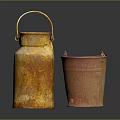 Rusty Old Metal Milk Can And Bucket For Daily Household Cleaning Supplies