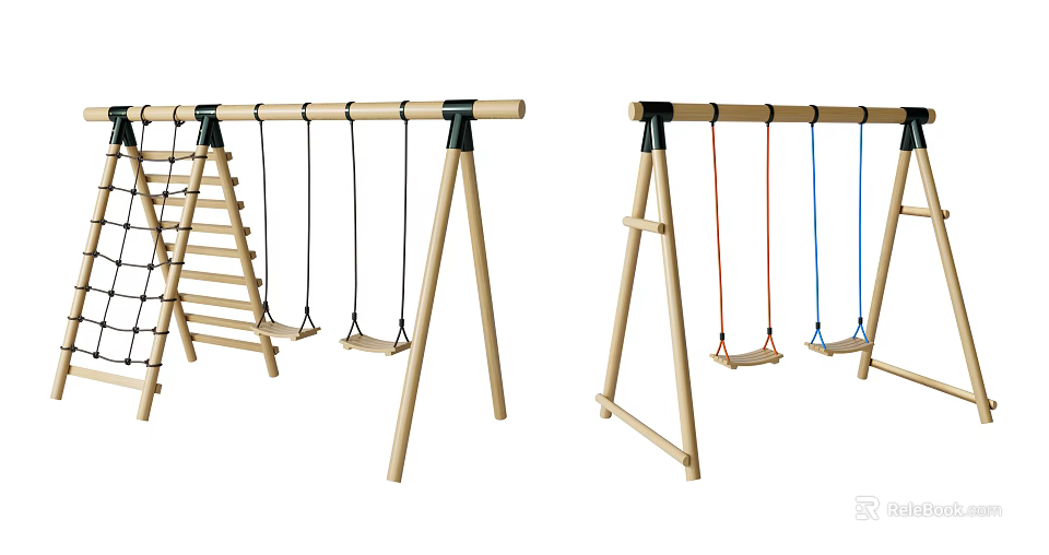 Outdoor Wooden Playground Swing Sets With Climbing Ladder Orange And Blue Ropes Swing Seats 3d model 