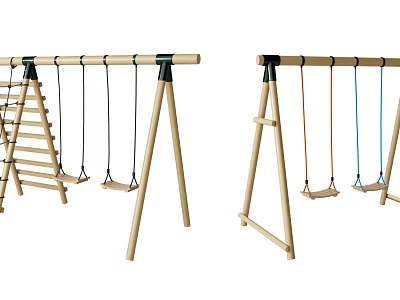 Outdoor Wooden Playground Swing Sets With Climbing Ladder Orange And Blue Ropes Swing Seats 3d model