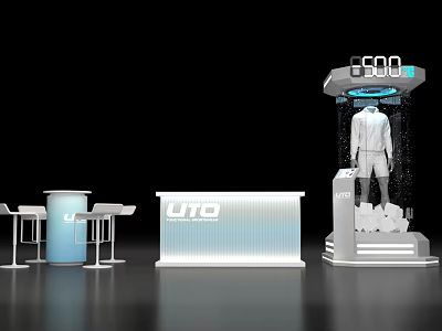 Modern UTO Exhibition Display Shelves With Mannequin Illuminated +500 Sign And Reception Counter Design 3d model