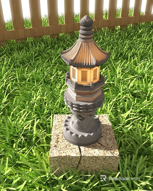 Traditional Pagoda Style Outdoor Light With Stone Base In Green Grass Garden 3d model 