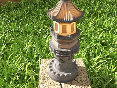 Traditional Pagoda Style Outdoor Light With Stone Base In Green Grass Garden 3d model