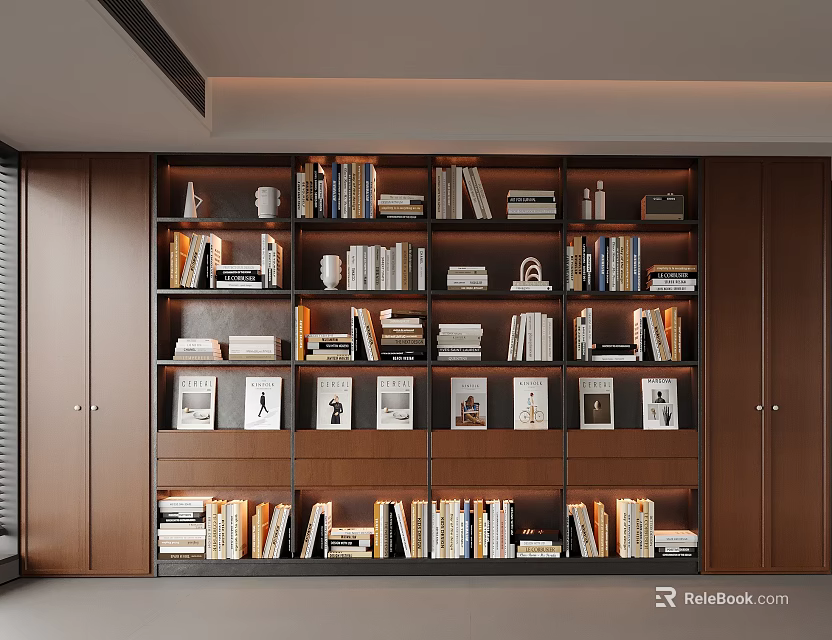 Stylish Modern Wooden Bookshelf With Shelves Books Photos And Decorations 3d model 