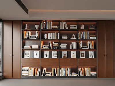 Stylish Modern Wooden Bookshelf With Shelves Books Photos And Decorations 3d model