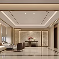 Hotel Lobby Modern Interior Featuring Wooden Frame Screen Green Plants Sofa And Dining Seats