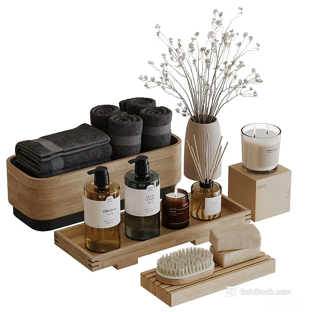 Natural Bath Daily Essentials Set With Folded Towels Wooden Tray And Aromatherapy Items 3d model 