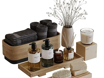 Natural Bath Daily Essentials Set With Folded Towels Wooden Tray And Aromatherapy Items 3d model