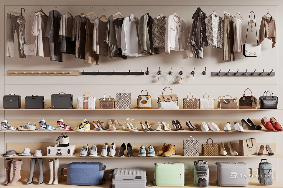 Well Organized Closet With Clothes Bags Shoes And Storage Boxes 3d model 
