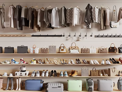 Well Organized Closet With Clothes Bags Shoes And Storage Boxes 3d model