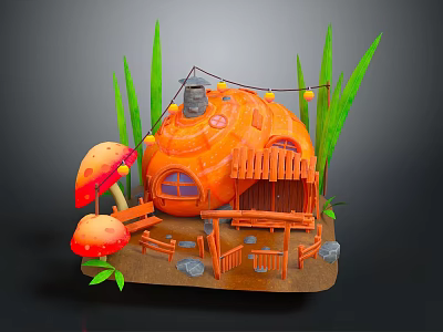 Orange Mushroom Shaped House With Green Grass Decorative Mushrooms Fence Stones And Hanging String Lights 3d model
