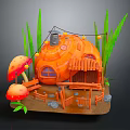 Orange Mushroom Shaped House With Green Grass Decorative Mushrooms Fence Stones And Hanging String Lights