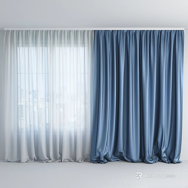 White Sheer And Blue Thick Curtains For Window With Double Layer Design 3d model