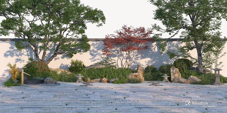 Lush Garden Flowers And Plants With Green Trees Red Maple Stone Rocks And Slate Pathway 3d model 