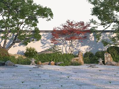 Lush Garden Flowers And Plants With Green Trees Red Maple Stone Rocks And Slate Pathway 3d model
