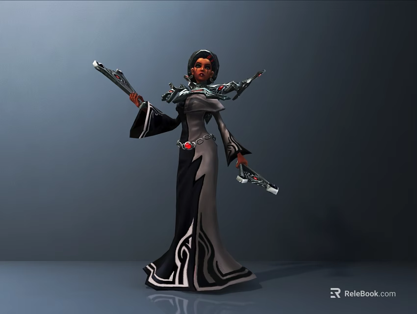 Game Movie Female Character in Black White Robe With Decorative Patterns Holding Dual Mechanical Weapons 3d model 