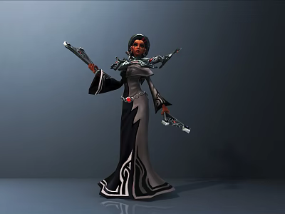 Game Movie Female Character in Black White Robe With Decorative Patterns Holding Dual Mechanical Weapons 3d model
