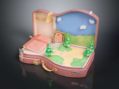Open Pink Suitcase Featuring Cartoon Scene Small Cabin Green Trees Blue Sky White Clouds 3d model
