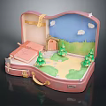 Open Pink Suitcase Featuring Cartoon Scene Small Cabin Green Trees Blue Sky White Clouds