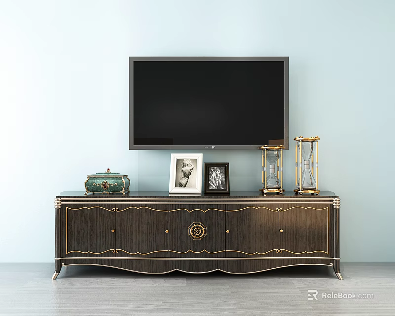 Elegant Dark TV Stand with Flat Screen TV Photo Frames and Hourglass Decorative Items 3d model 