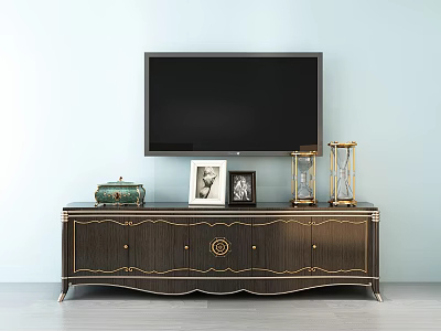 Elegant Dark TV Stand with Flat Screen TV Photo Frames and Hourglass Decorative Items 3d model