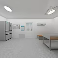 Compact Industrial Equipment Setup in Narrow Space with Sink Mirror Refrigerator and Checkerboard Floor Tiles