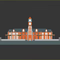 Vibrant Architectural Building Featuring Clock Tower Orange Red Facade Blue Roof Lawn And Palm Trees