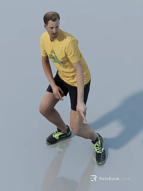 Man in Yellow T-shirt and Black Shorts Crouching with Green Black Sneakers on Gray Background 3d model 