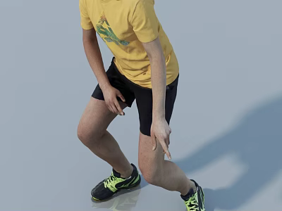 Man in Yellow T-shirt and Black Shorts Crouching with Green Black Sneakers on Gray Background 3d model