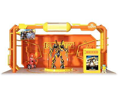 Transformers Themed Exhibition Booth with Yellow Orange Decor Robot Models and Posters 3d model