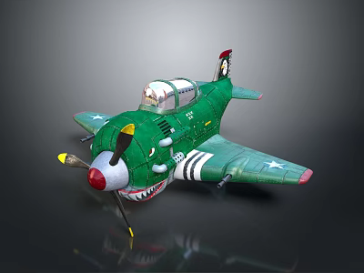 Vintage Green Fighter Airplane Model With Shark Mouth Paint And Star Emblems 3d model