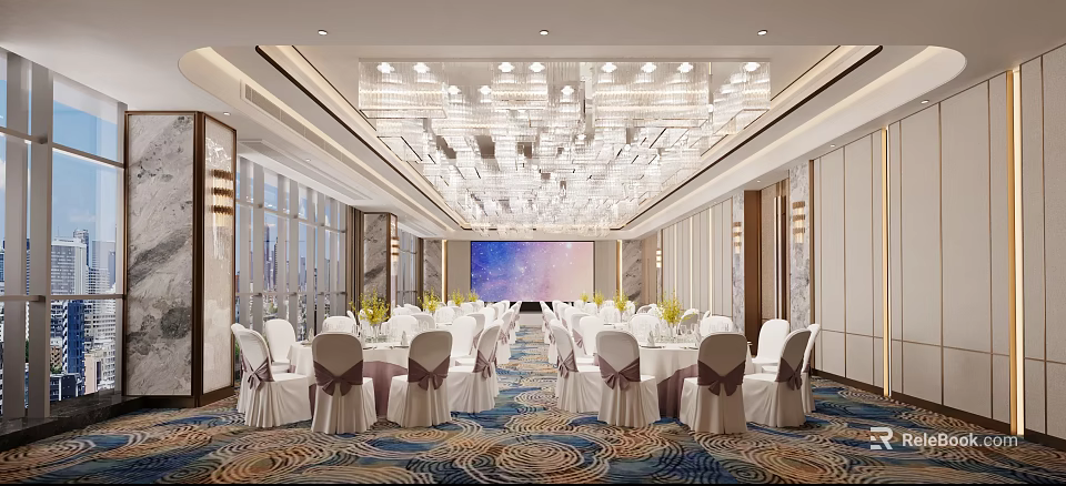 Luxurious Banquet Hall Interior With Round Tables White Chair Covers Crystal Chandeliers And Backdrop Screen 3d model 