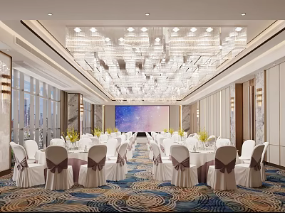 Luxurious Banquet Hall Interior With Round Tables White Chair Covers Crystal Chandeliers And Backdrop Screen 3d model