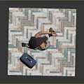Elegant Woman In Beige Dress Holding Brown Handbag Near Blue Suitcase On Geometric Patterned Carpet