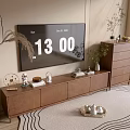 Modern Minimalist Walnut TV Stand With Decor Books Plants And Tall Cabinet By Window