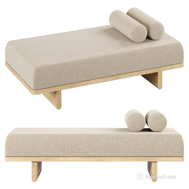 Modern Beige Fabric Sofa Bench with Wooden Frame and Cylindrical Cushions 3d model 