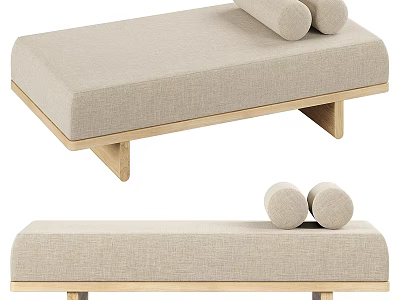 Modern Beige Fabric Sofa Bench with Wooden Frame and Cylindrical Cushions 3d model