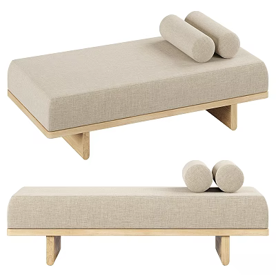 Modern Beige Fabric Sofa Bench with Wooden Frame and Cylindrical Cushions 3d model