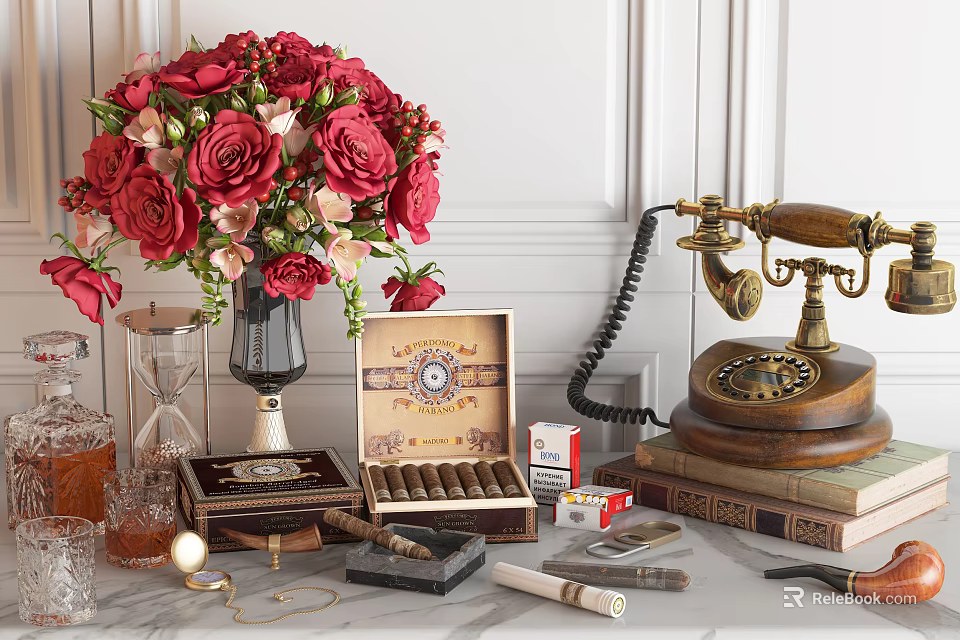 Decorative Ornament Set With Red Roses Bouquet Black Vase Vintage Telephone Cigar Box And Books 3d model 