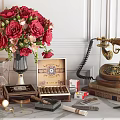 Decorative Ornament Set With Red Roses Bouquet Black Vase Vintage Telephone Cigar Box And Books
