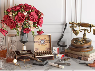 Decorative Ornament Set With Red Roses Bouquet Black Vase Vintage Telephone Cigar Box And Books 3d model