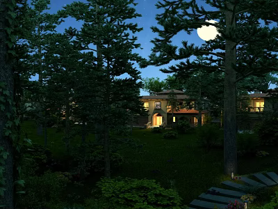 Scenic Night Garden Landscape With Full Moon Tall Trees And Illuminated House Lush Lawn 3d model