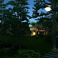 Scenic Night Garden Landscape With Full Moon Tall Trees And Illuminated House Lush Lawn