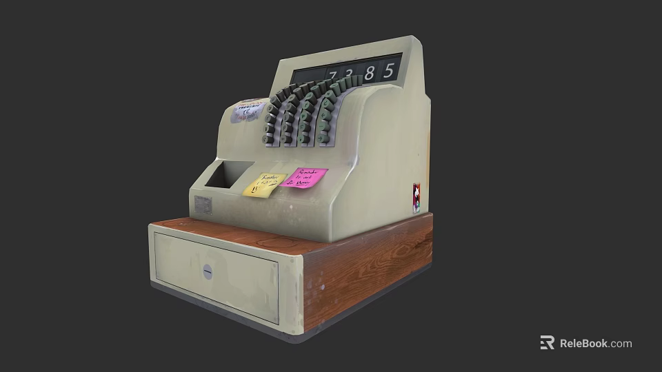 Vintage Cash Register With Wooden Drawer And Colorful Notes Classic Design 3d model 