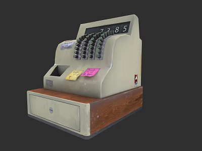 Vintage Cash Register With Wooden Drawer And Colorful Notes Classic Design 3d model