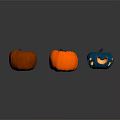 Three Colorful Fresh Pumpkins Orange And Blue Vegetables With Carved Smile Design