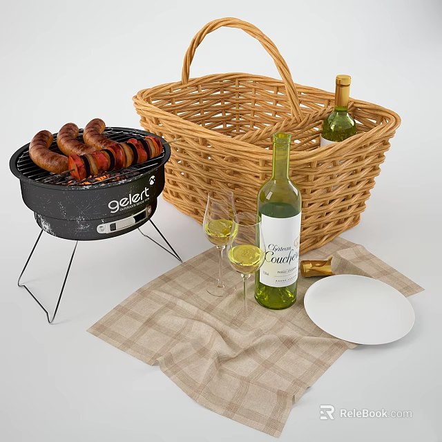 Outdoor Cooking Grill With Grilled Sausages Wicker Basket Wine Bottles Glasses And Plate 3d model 