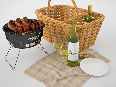 Outdoor Cooking Grill With Grilled Sausages Wicker Basket Wine Bottles Glasses And Plate 3d model