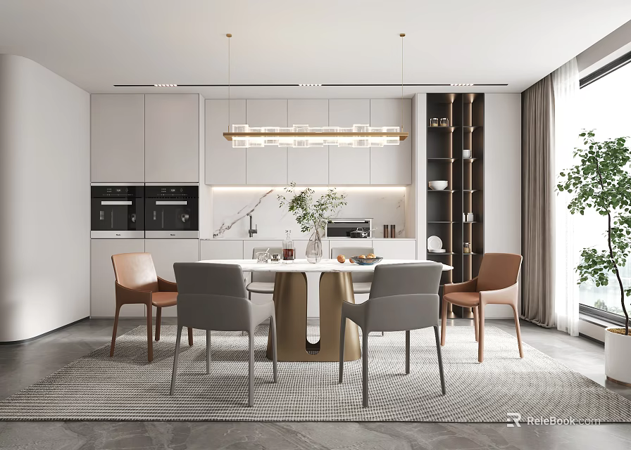 Modern Restaurant Interior With Open Kitchen Dining Table Gray Brown Chairs And Hanging Lights 3d model 